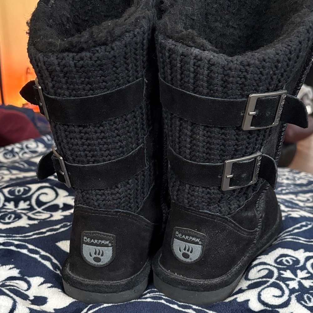 BearPaw Black Knit Boots with Buckles